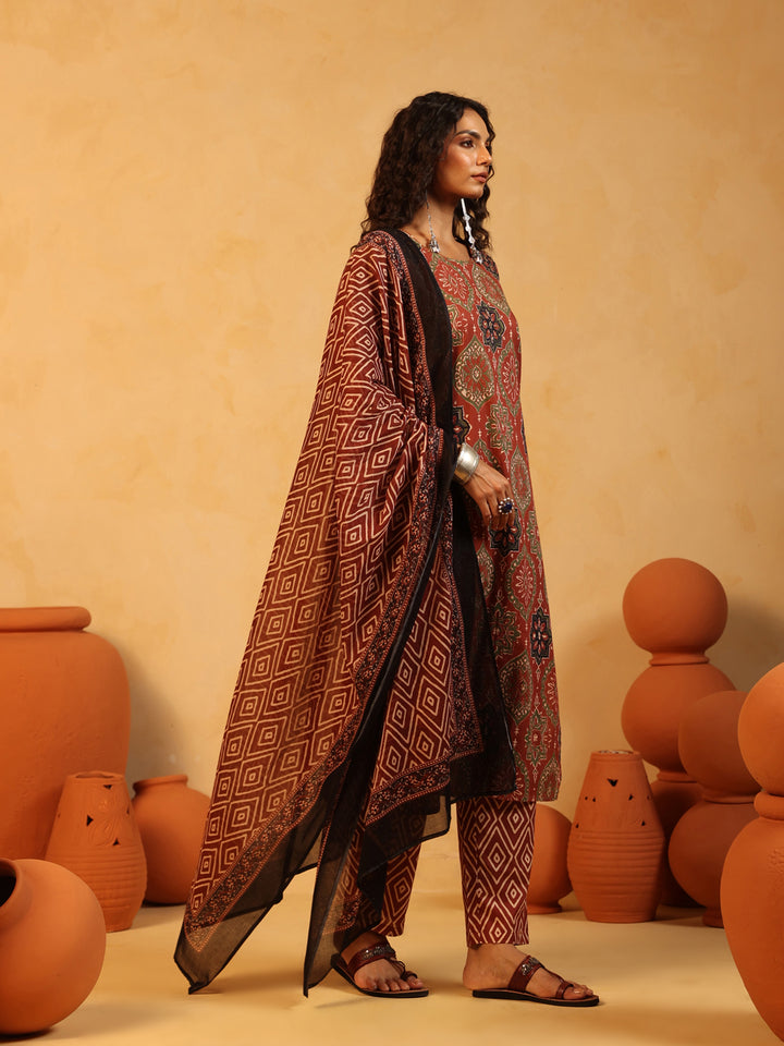 Mehndi Gul | Rust Ajrakh Cotton Suit Set