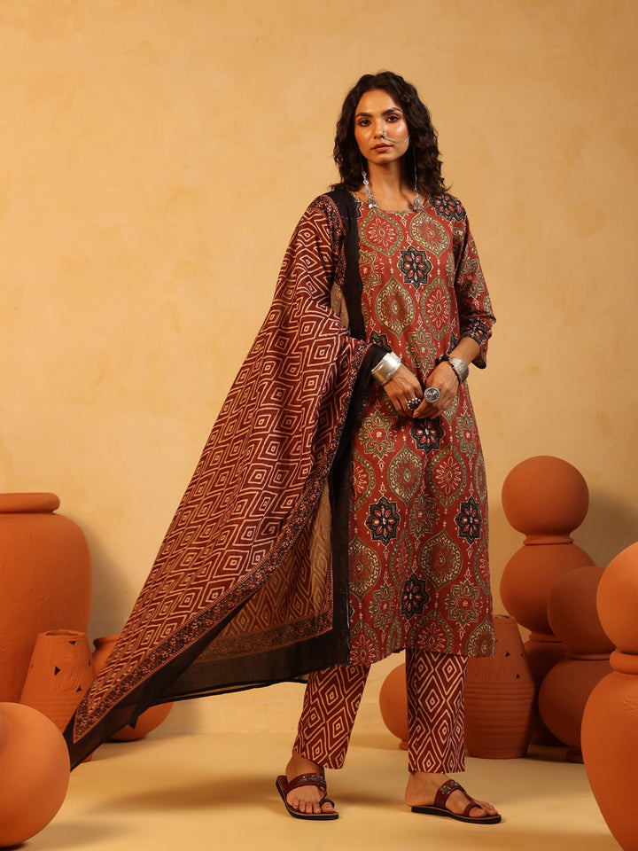 Mehndi Gul | Rust Ajrakh Cotton Suit Set