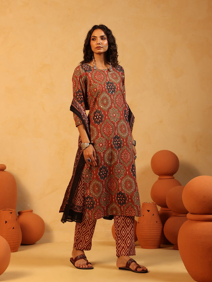 Mehndi Gul | Rust Ajrakh Cotton Suit Set