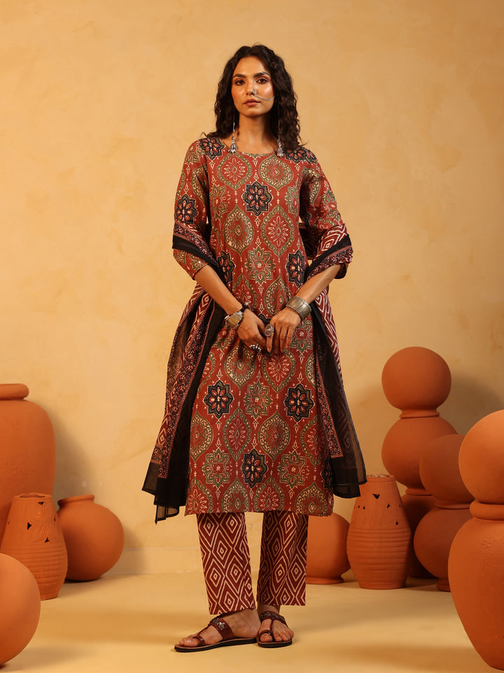 Mehndi Gul | Rust Ajrakh Cotton Suit Set