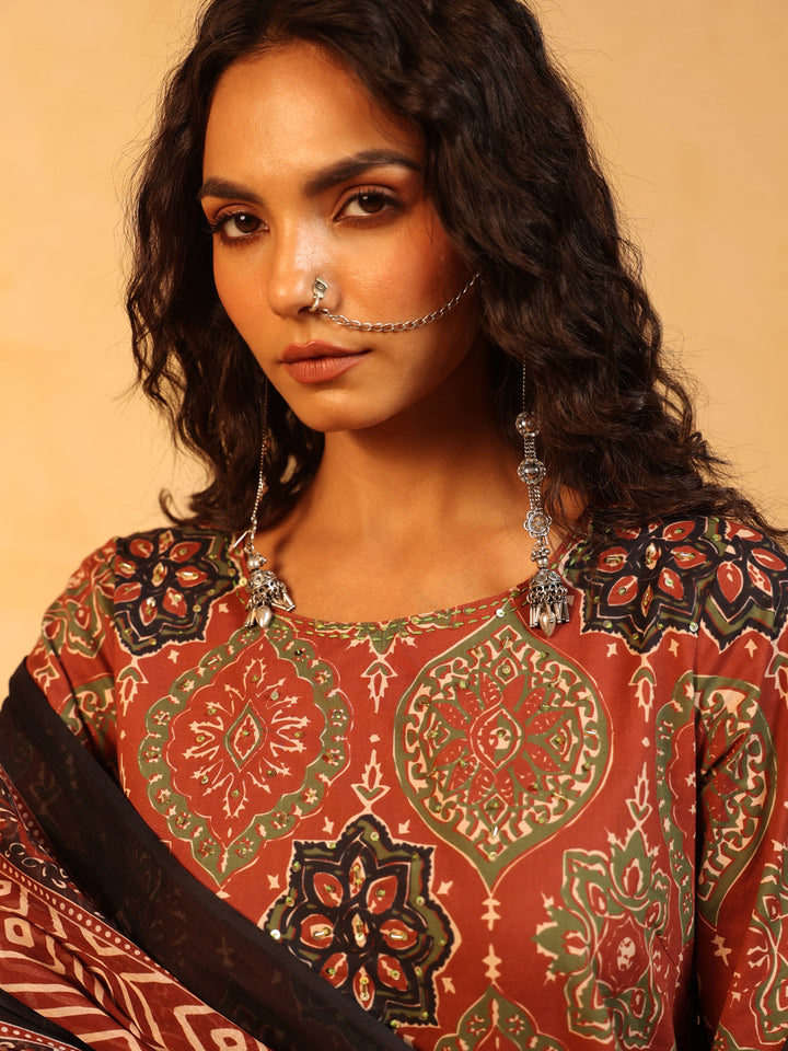 Mehndi Gul | Rust Ajrakh Cotton Suit Set