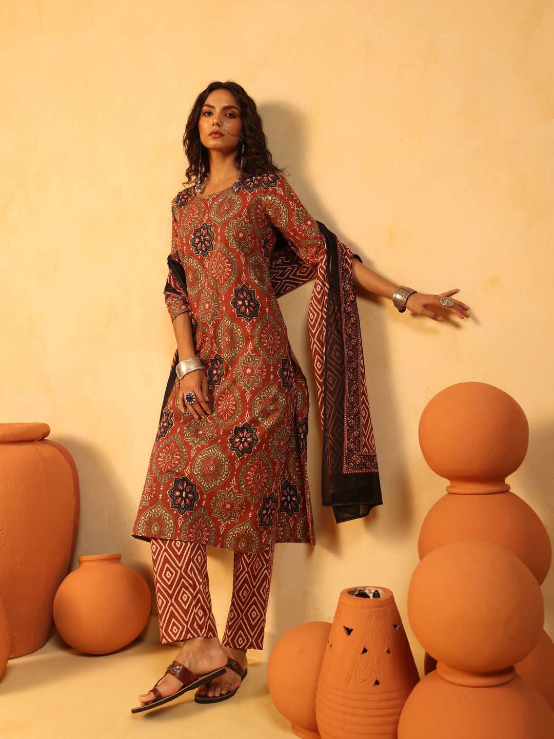 Mehndi Gul | Rust Ajrakh Cotton Suit Set