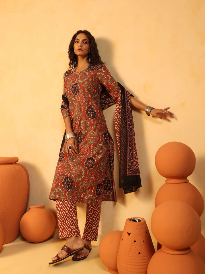 Mehndi Gul | Rust Ajrakh Cotton Suit Set