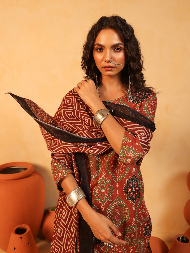 Mehndi Gul | Rust Ajrakh Cotton Suit Set