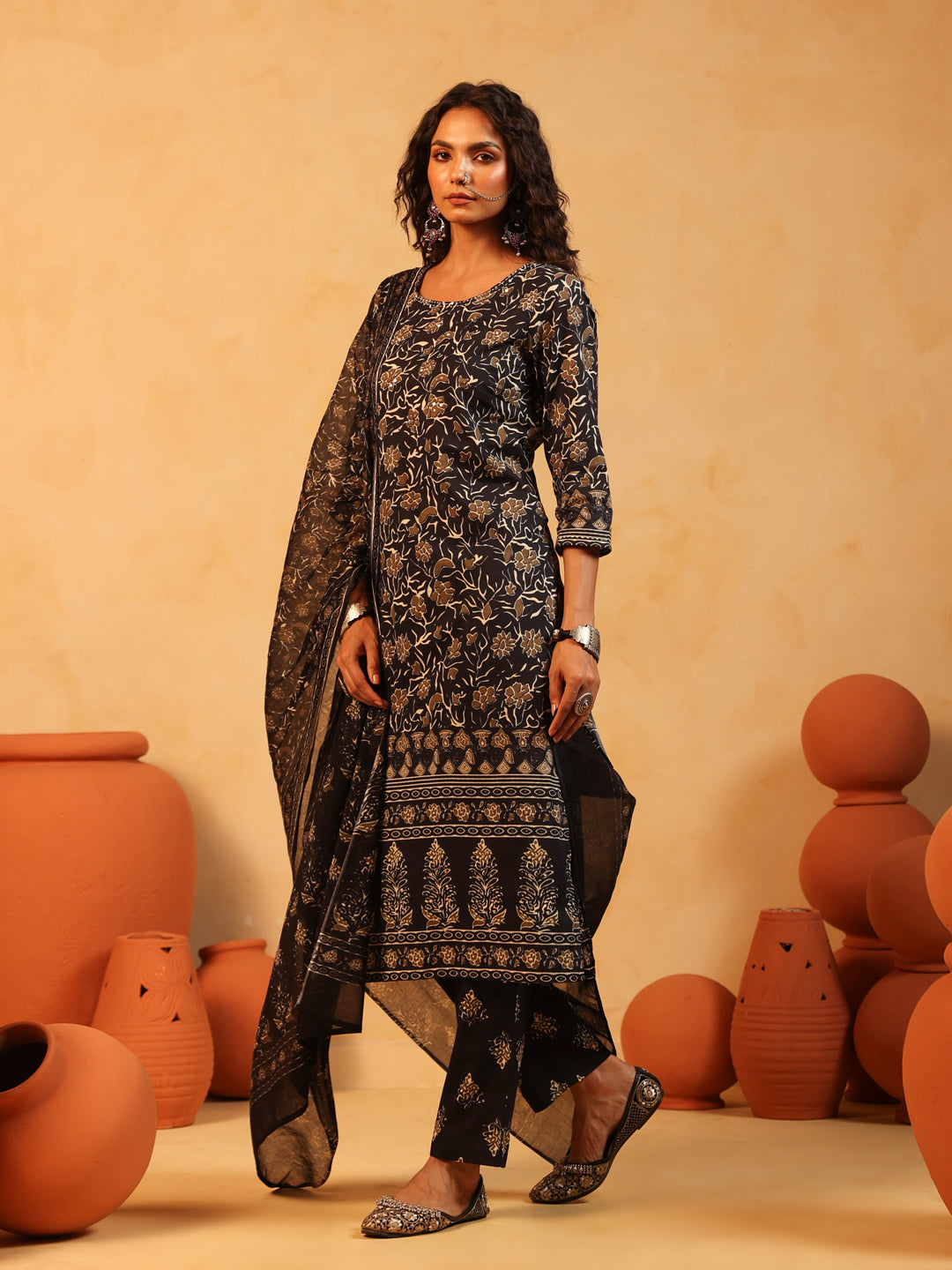 Kajaliya Noor | Black Ajrakh Cotton Suit Set