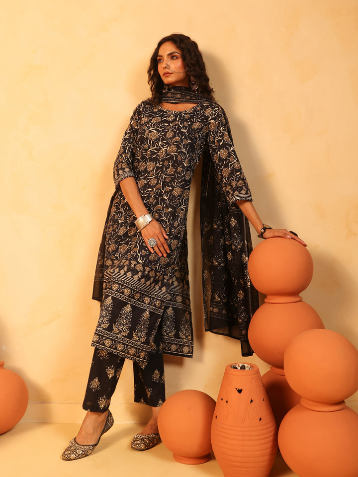 Kajaliya Noor | Black Ajrakh Cotton Suit Set