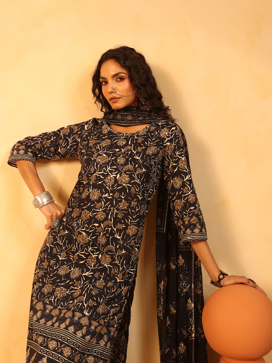 Kajaliya Noor | Black Ajrakh Cotton Suit Set