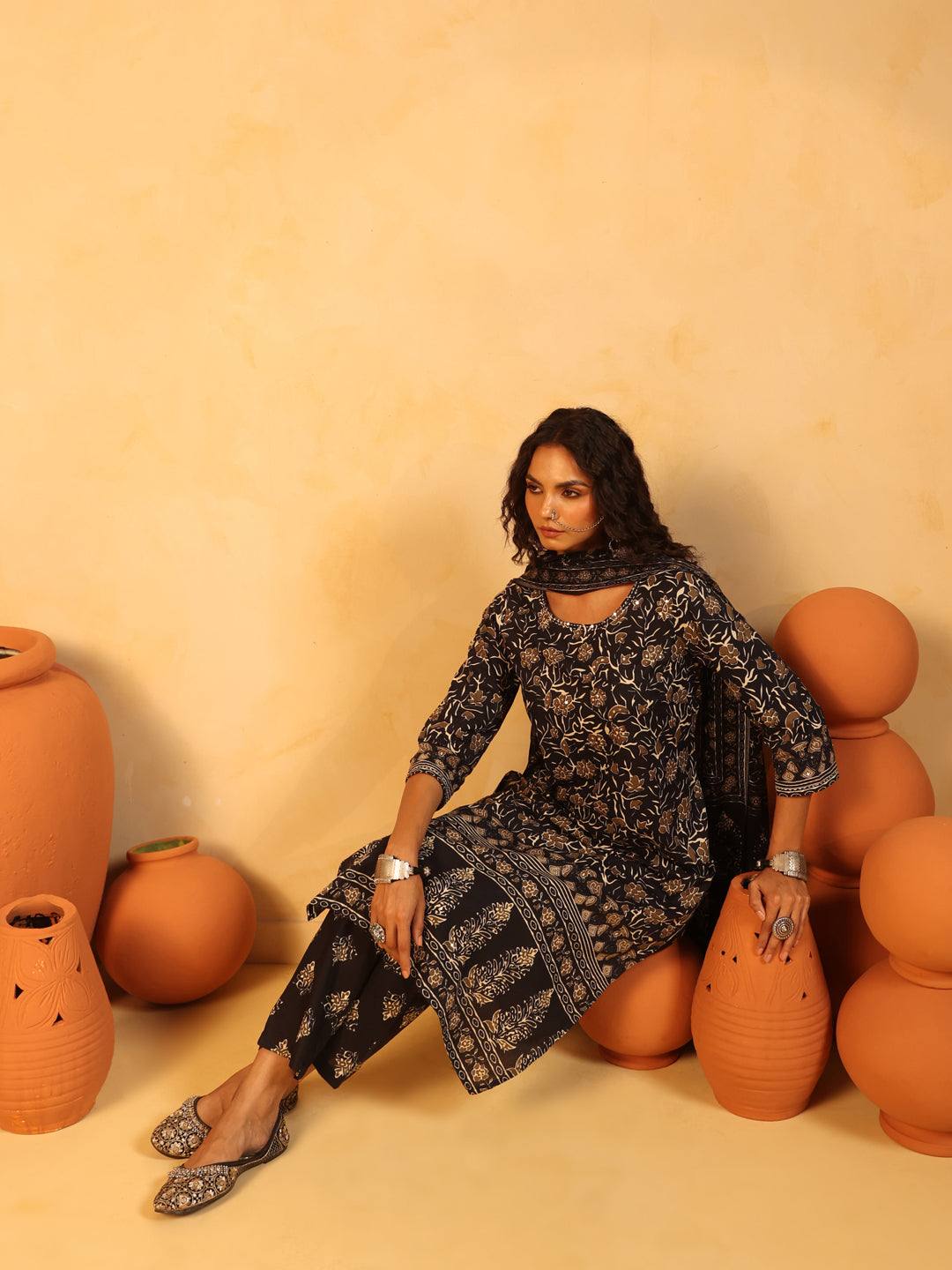 Kajaliya Noor | Black Ajrakh Cotton Suit Set