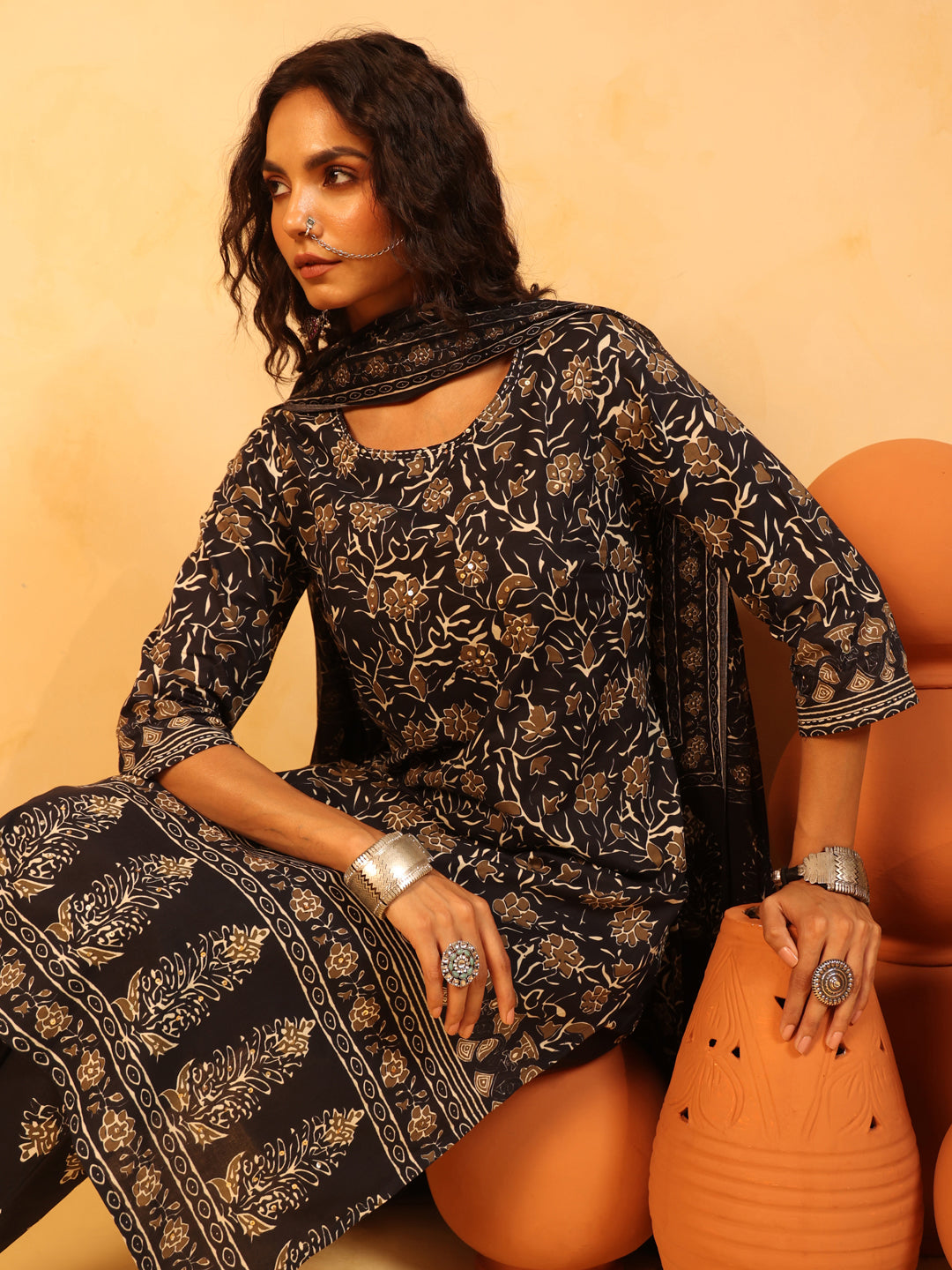 Kajaliya Noor | Black Ajrakh Cotton Suit Set