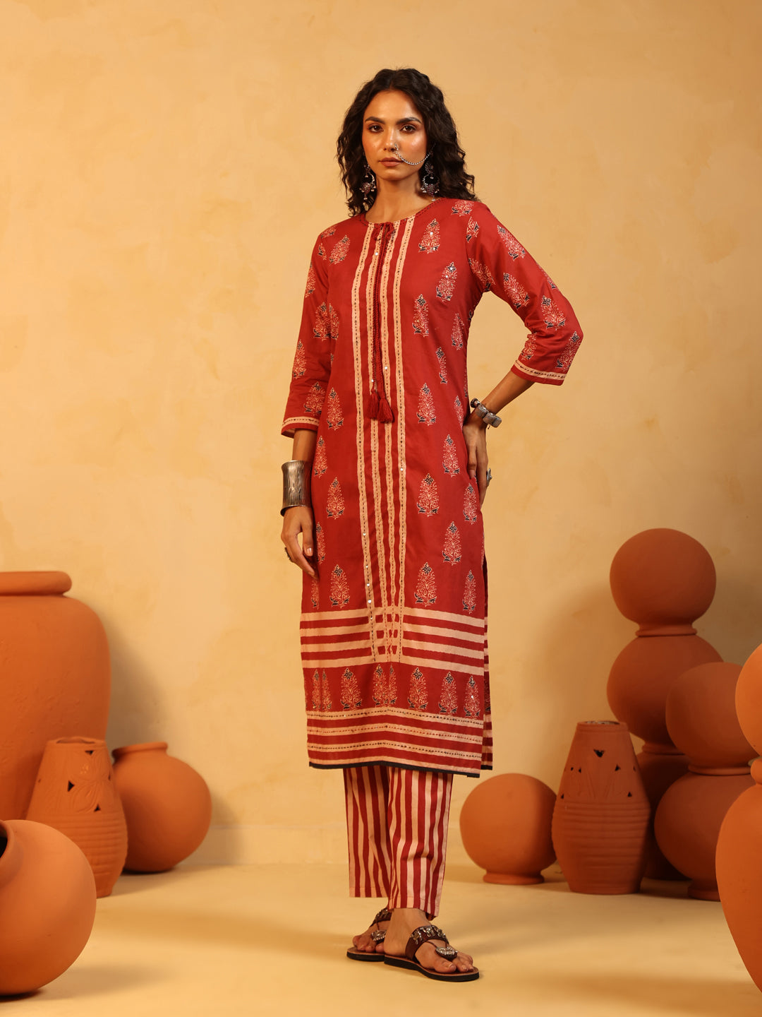Lalima | Red Ajrakh Cotton Suit Set