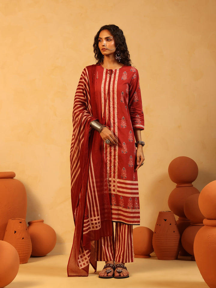 Lalima | Red Ajrakh Cotton Suit Set