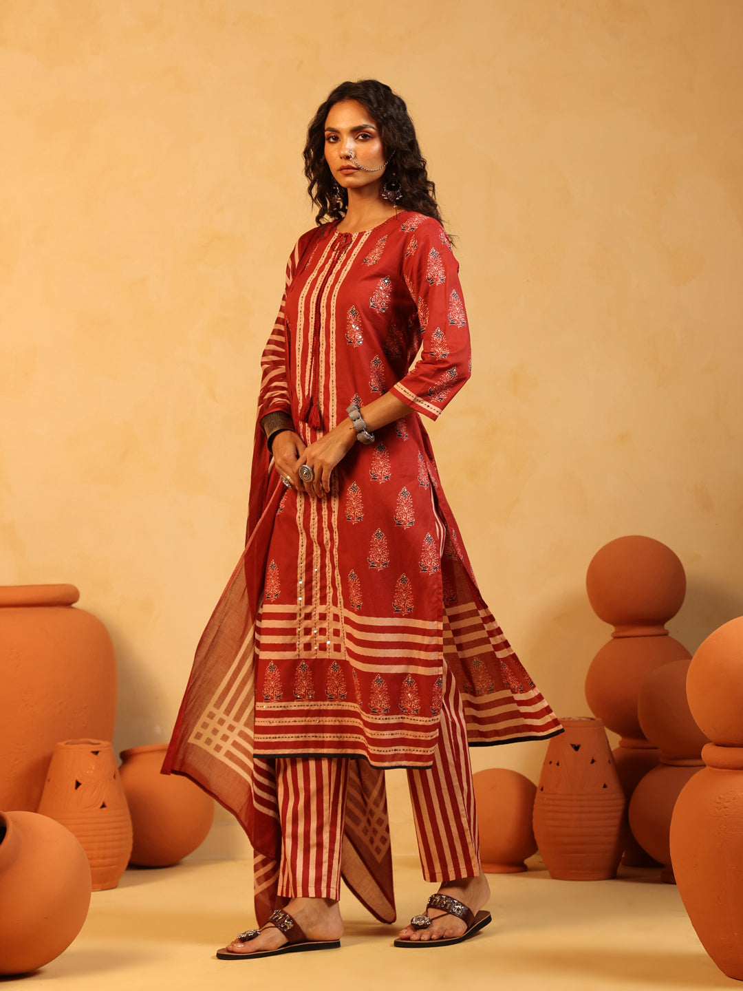 Lalima | Red Ajrakh Cotton Suit Set