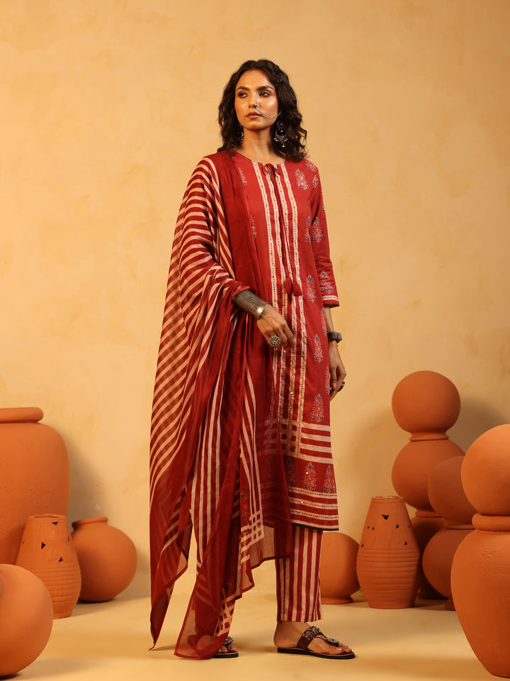 Lalima | Red Ajrakh Cotton Suit Set