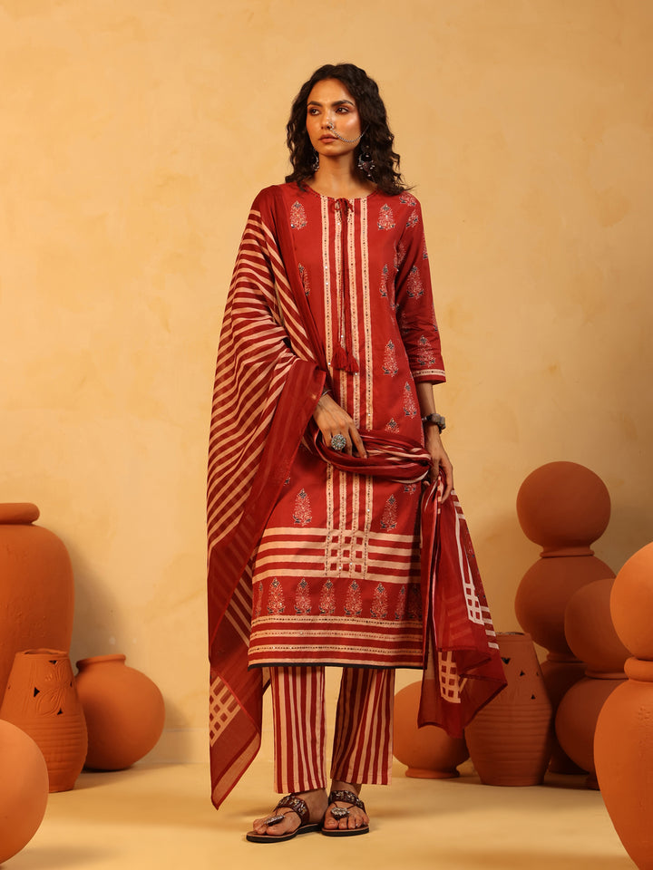 Lalima | Red Ajrakh Cotton Suit Set