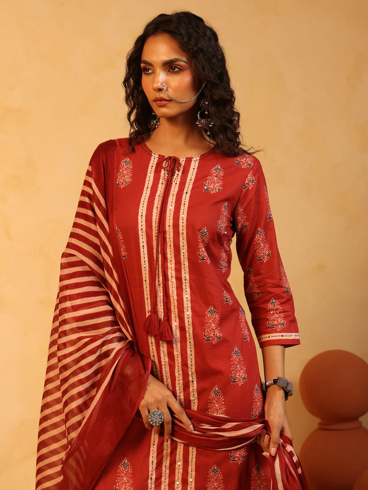 Lalima | Red Ajrakh Cotton Suit Set