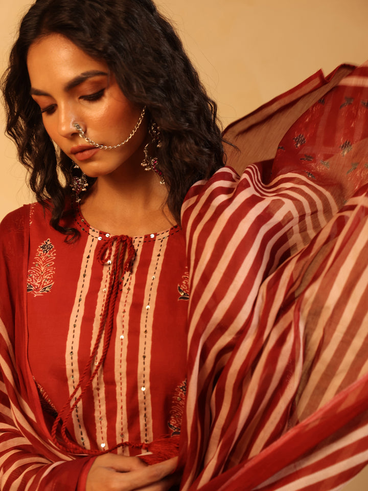 Lalima | Red Ajrakh Cotton Suit Set
