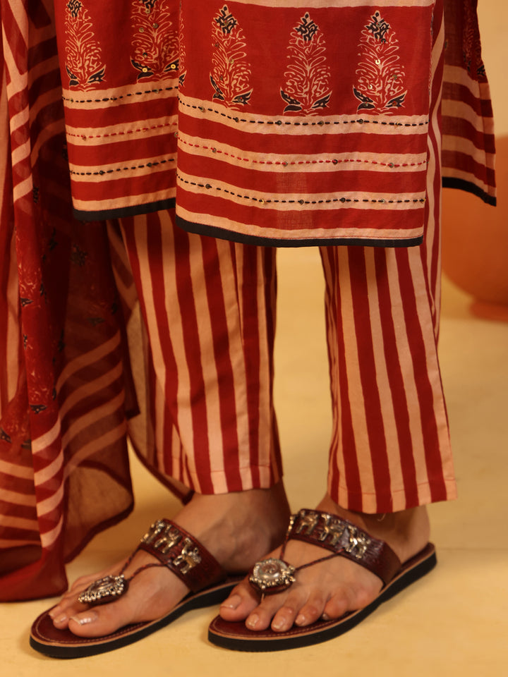 Lalima | Red Ajrakh Cotton Suit Set