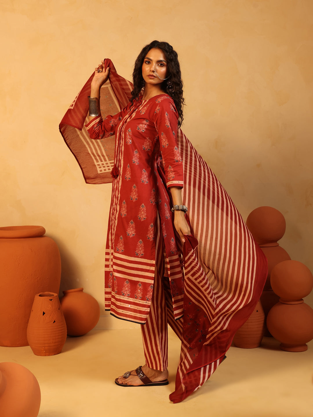 Lalima | Red Ajrakh Cotton Suit Set