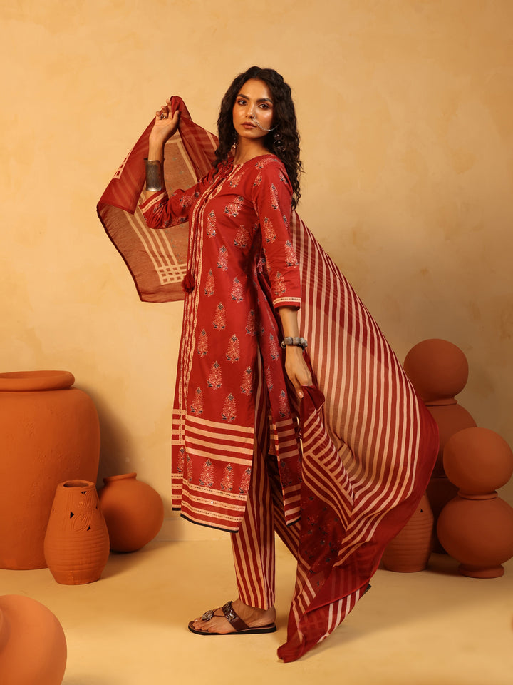 Lalima | Red Ajrakh Cotton Suit Set