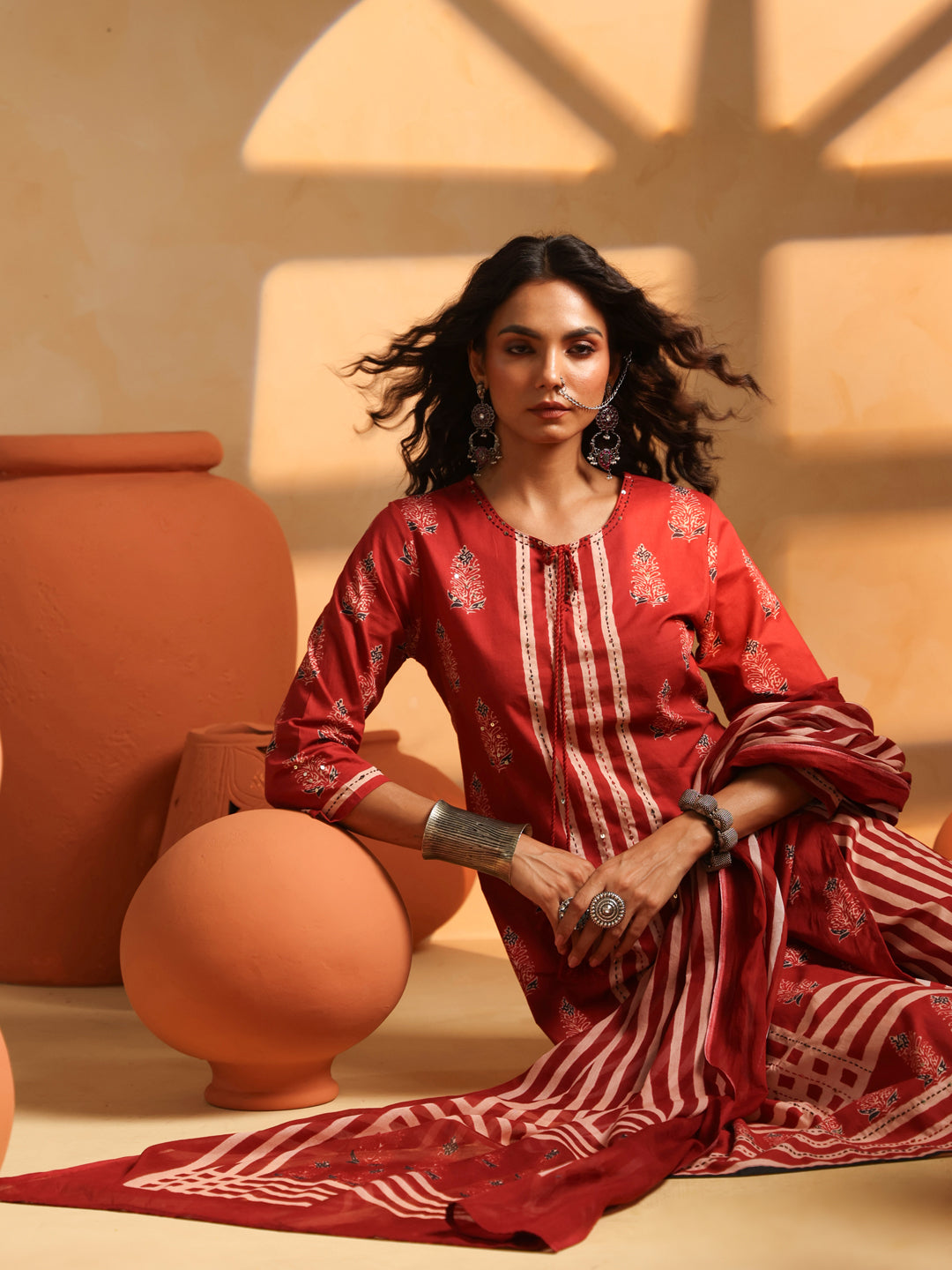 Lalima | Red Ajrakh Cotton Suit Set