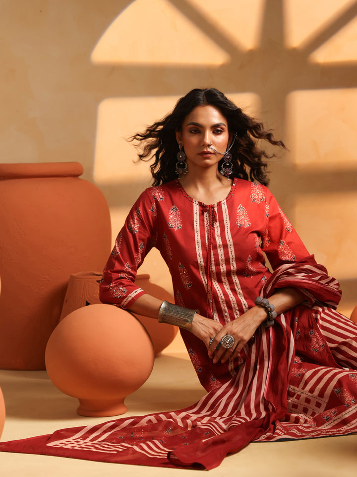 Lalima | Red Ajrakh Cotton Suit Set