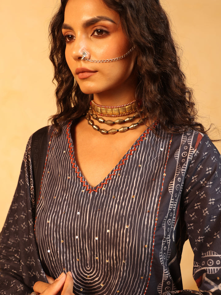 Neel Kamal | Indigo Ajrakh Cotton Suit Set