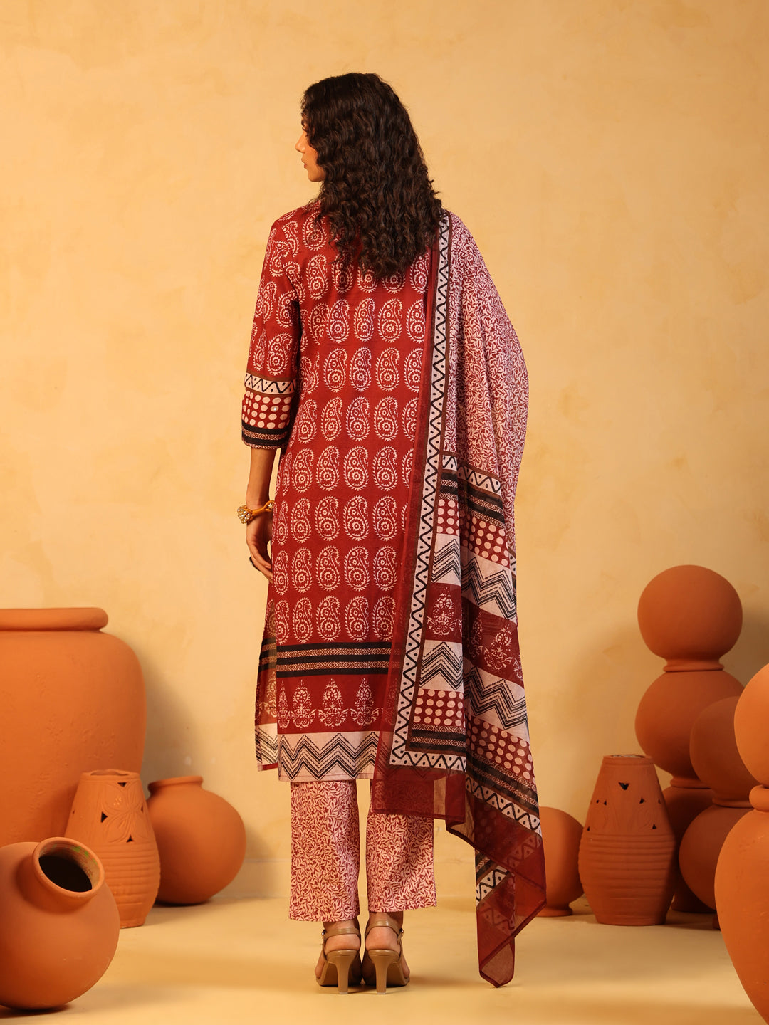 Raag-e-Surkh | Rust Ajrakh Cotton Suit Set