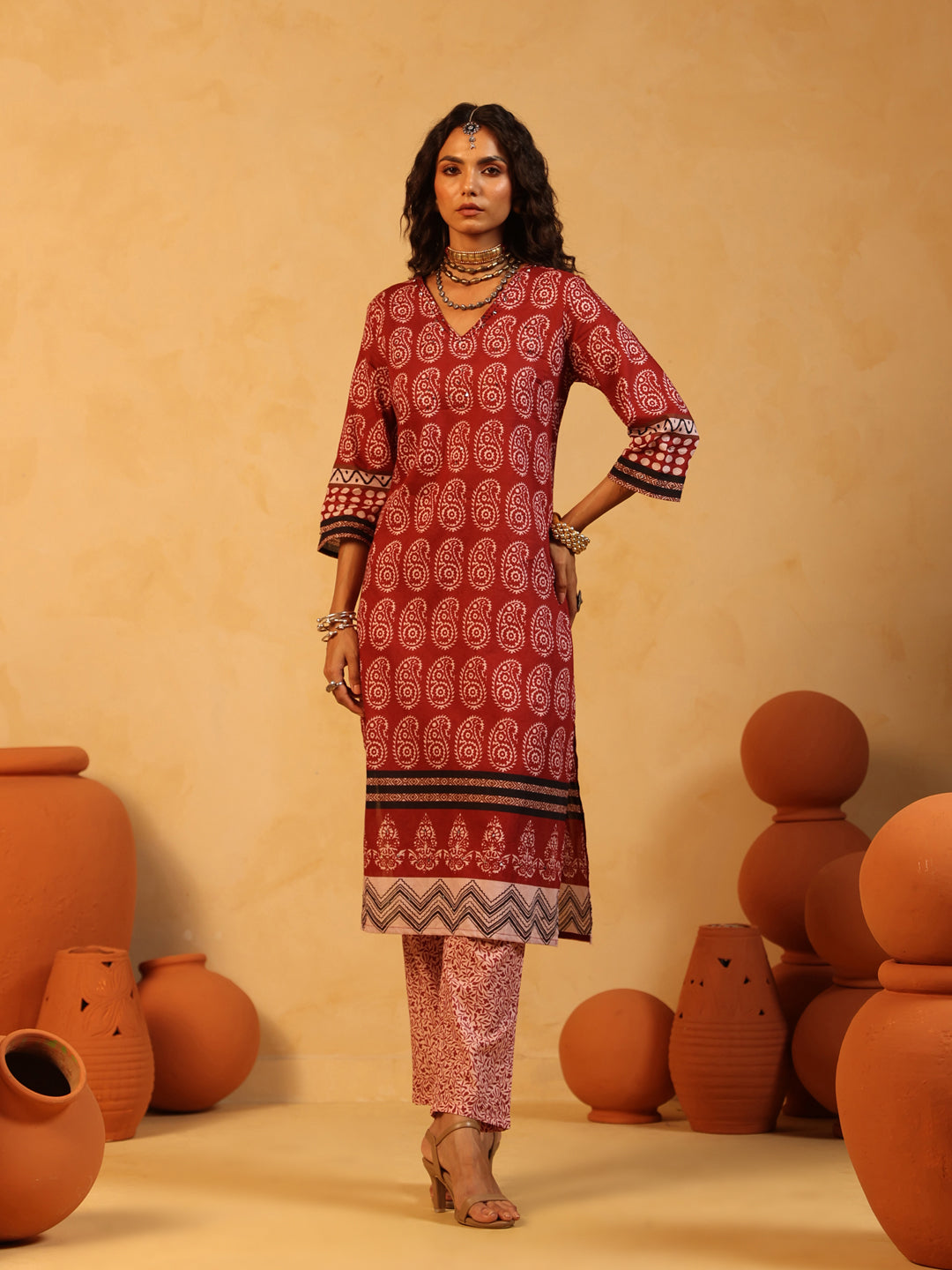 Raag-e-Surkh | Rust Ajrakh Cotton Suit Set