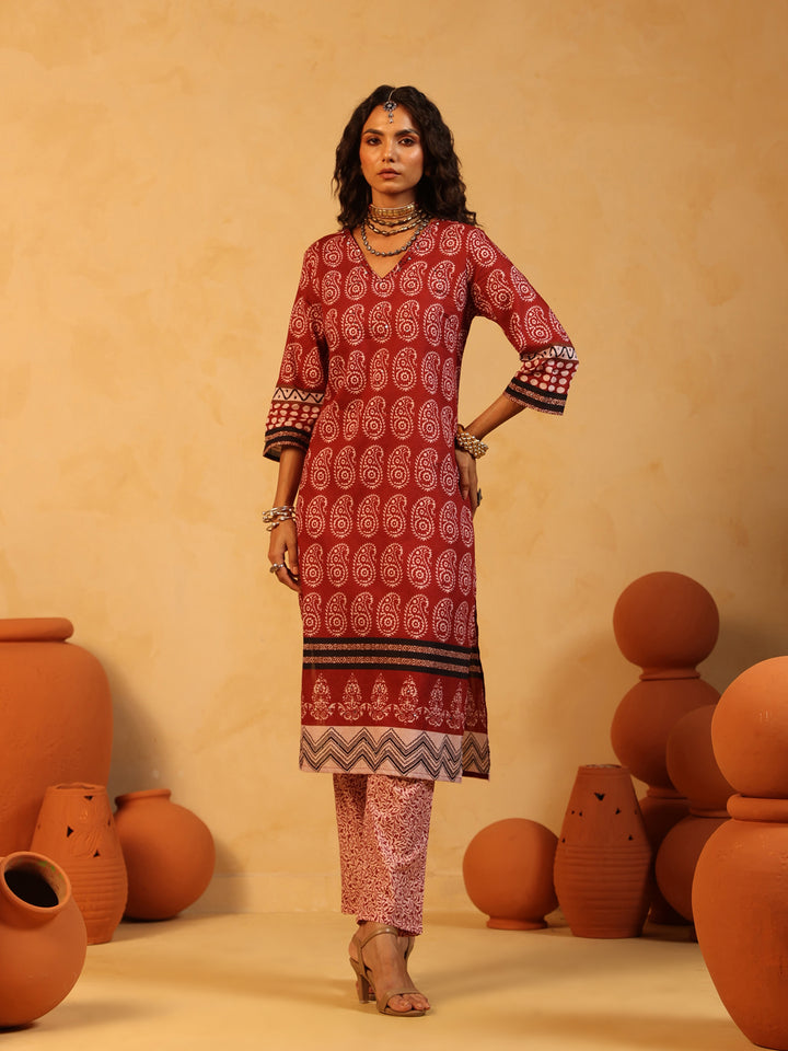 Raag-e-Surkh | Rust Ajrakh Cotton Suit Set