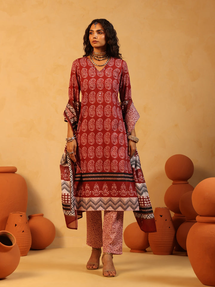 Raag-e-Surkh | Rust Ajrakh Cotton Suit Set