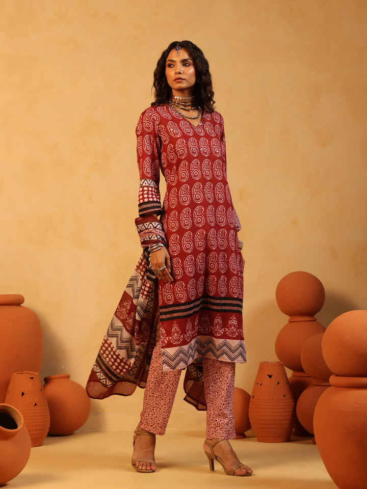 Raag-e-Surkh | Rust Ajrakh Cotton Suit Set