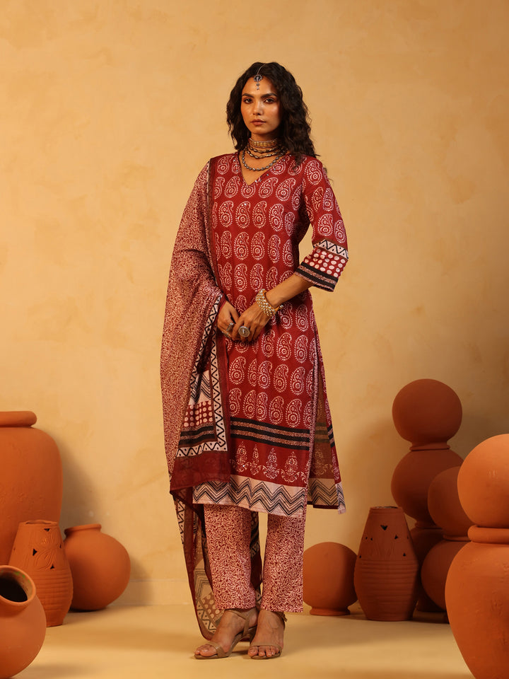 Raag-e-Surkh | Rust Ajrakh Cotton Suit Set
