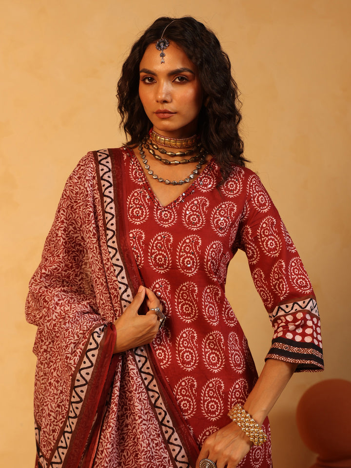 Raag-e-Surkh | Rust Ajrakh Cotton Suit Set