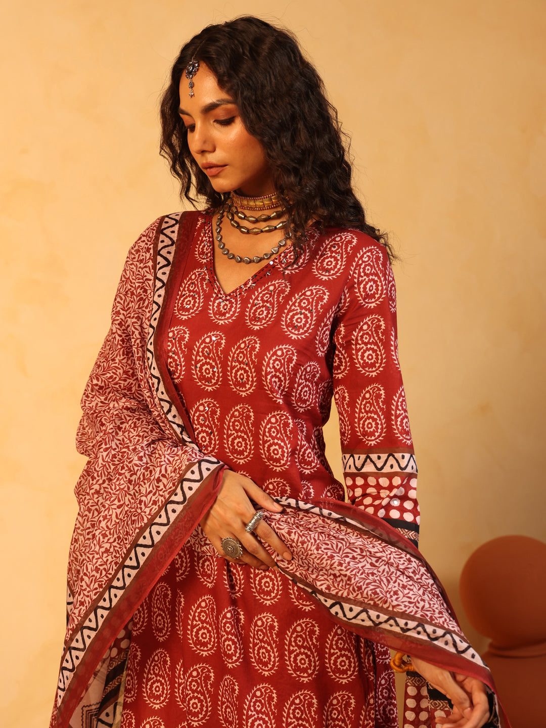 Raag-e-Surkh | Rust Ajrakh Cotton Suit Set