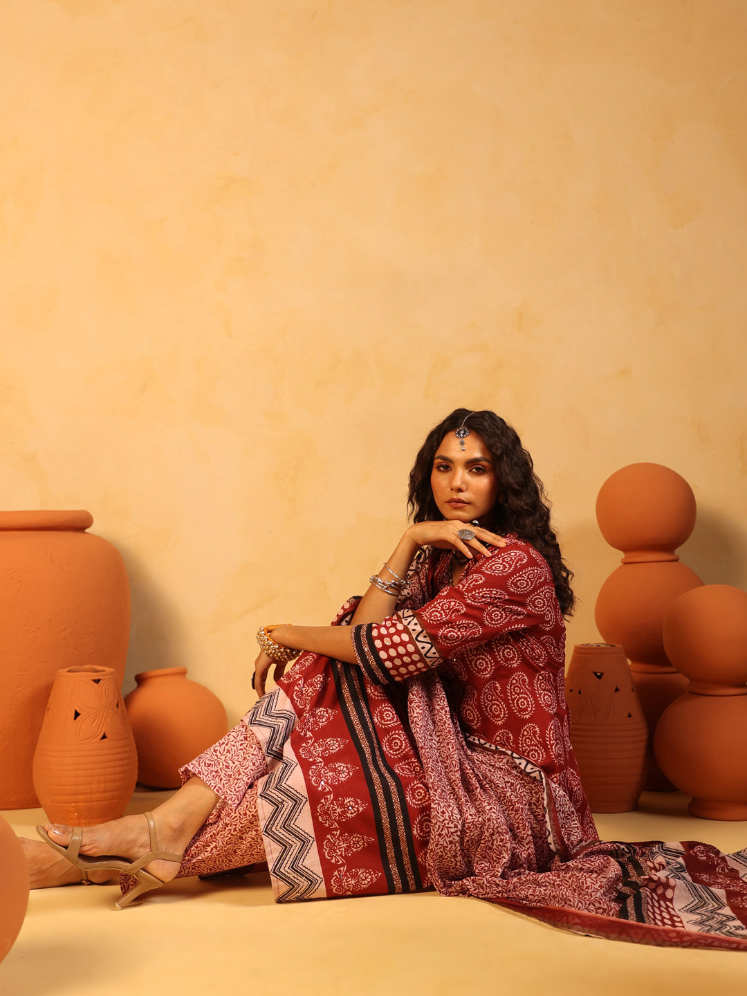 Raag-e-Surkh | Rust Ajrakh Cotton Suit Set
