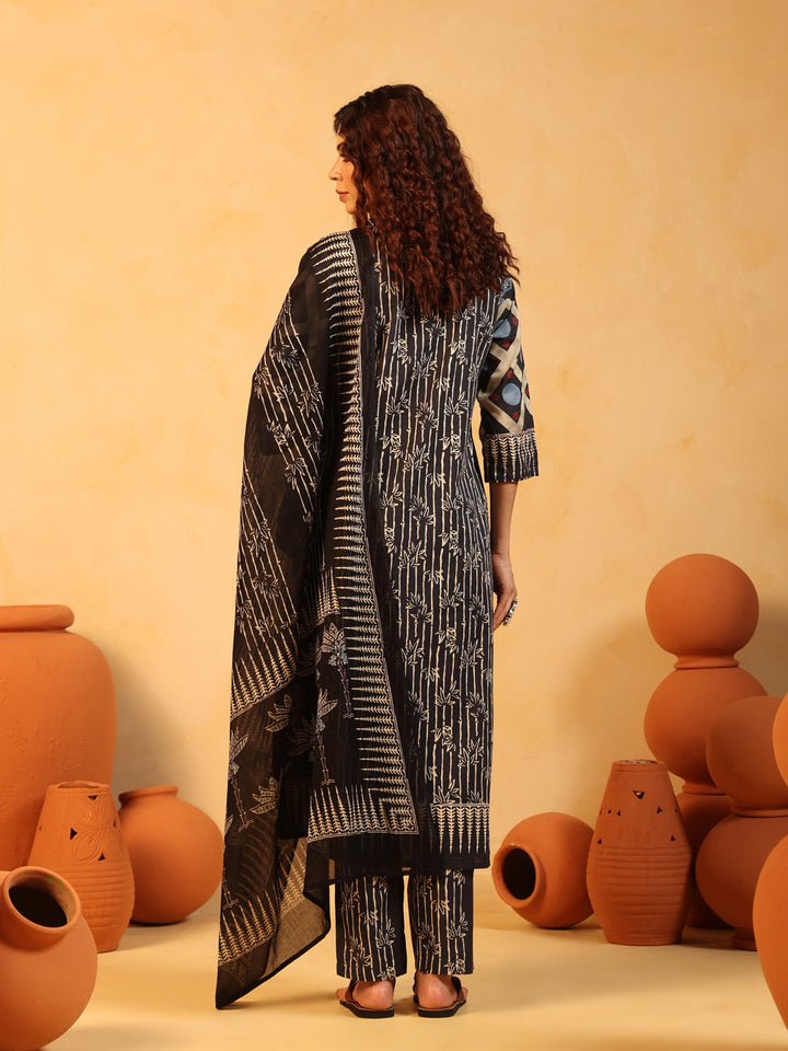 Kaaya | Charcoal Ajrakh Cotton Suit Set
