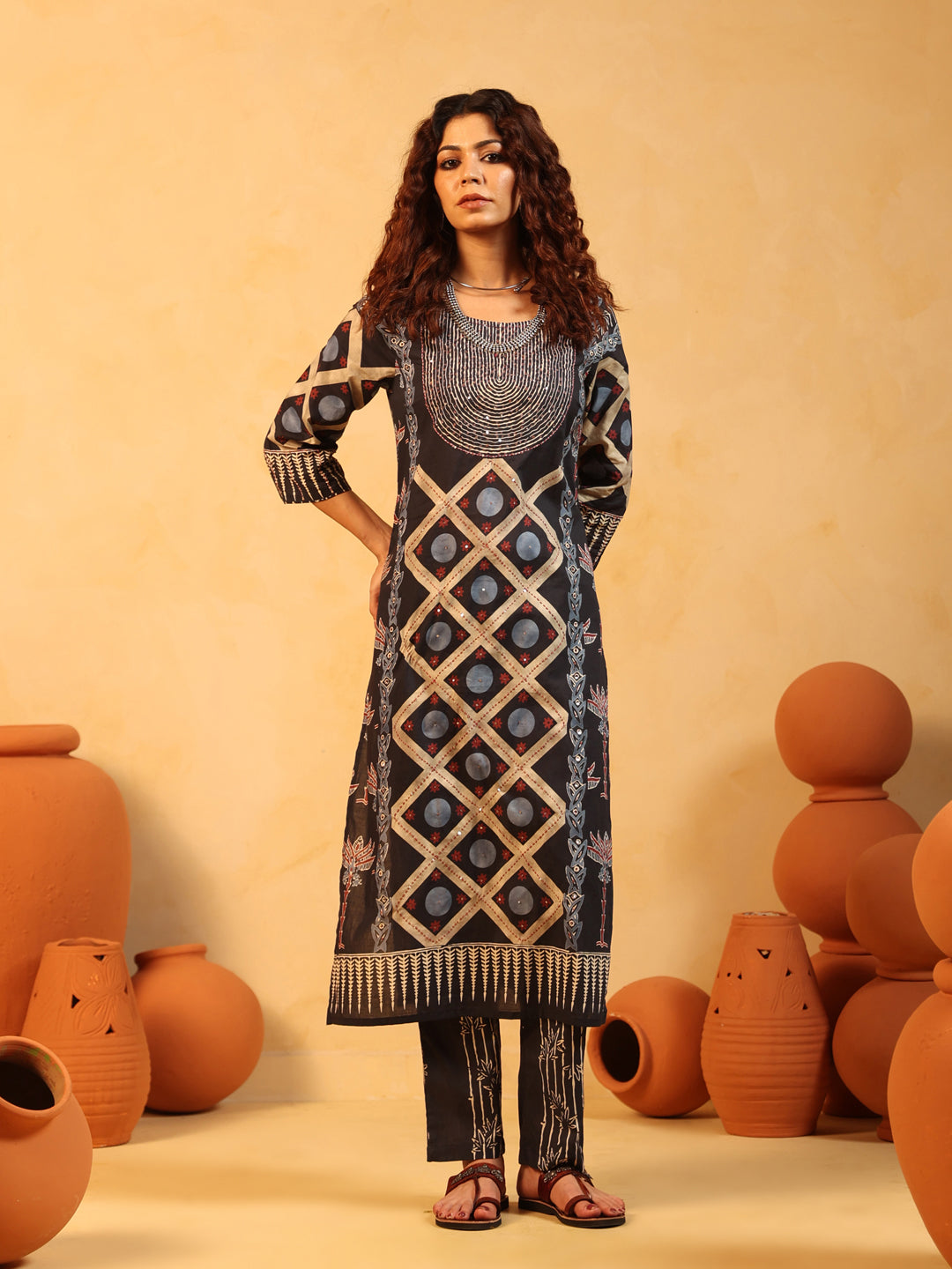 Kaaya | Charcoal Ajrakh Cotton Suit Set