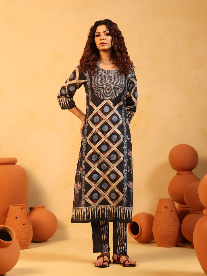 Kaaya | Charcoal Ajrakh Cotton Suit Set