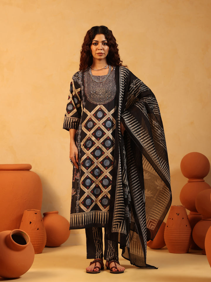 Kaaya | Charcoal Ajrakh Cotton Suit Set