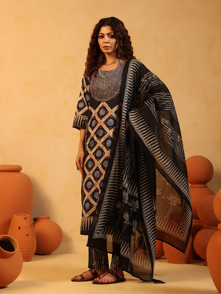 Kaaya | Charcoal Ajrakh Cotton Suit Set