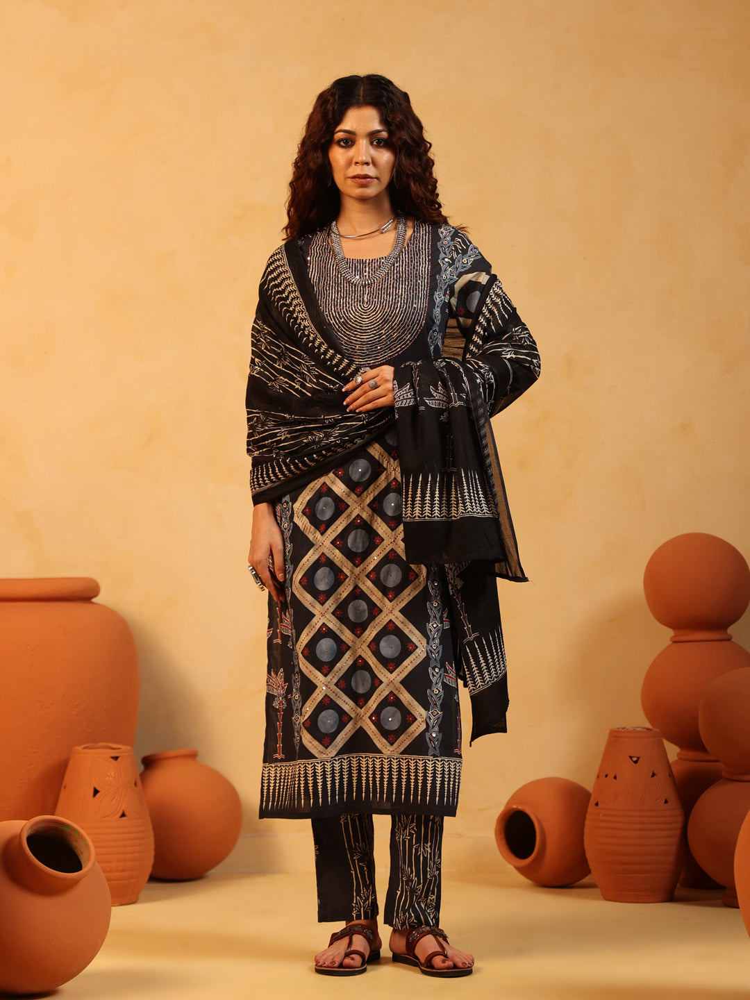 Kaaya | Charcoal Ajrakh Cotton Suit Set