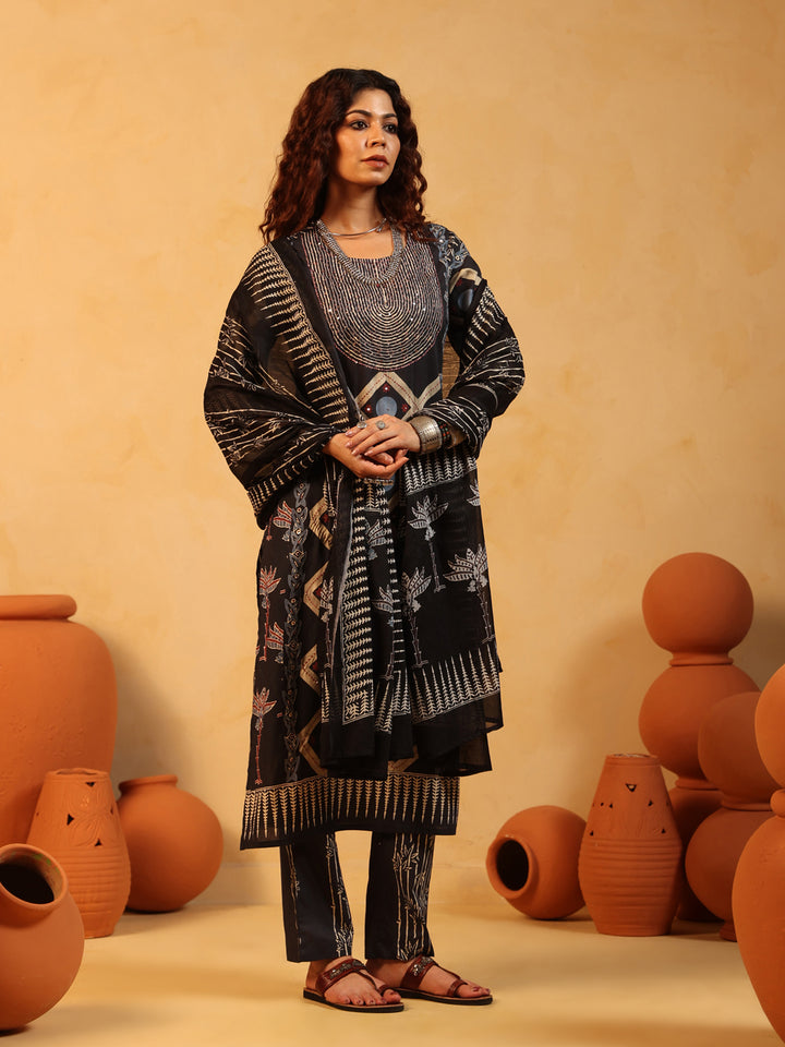 Kaaya | Charcoal Ajrakh Cotton Suit Set