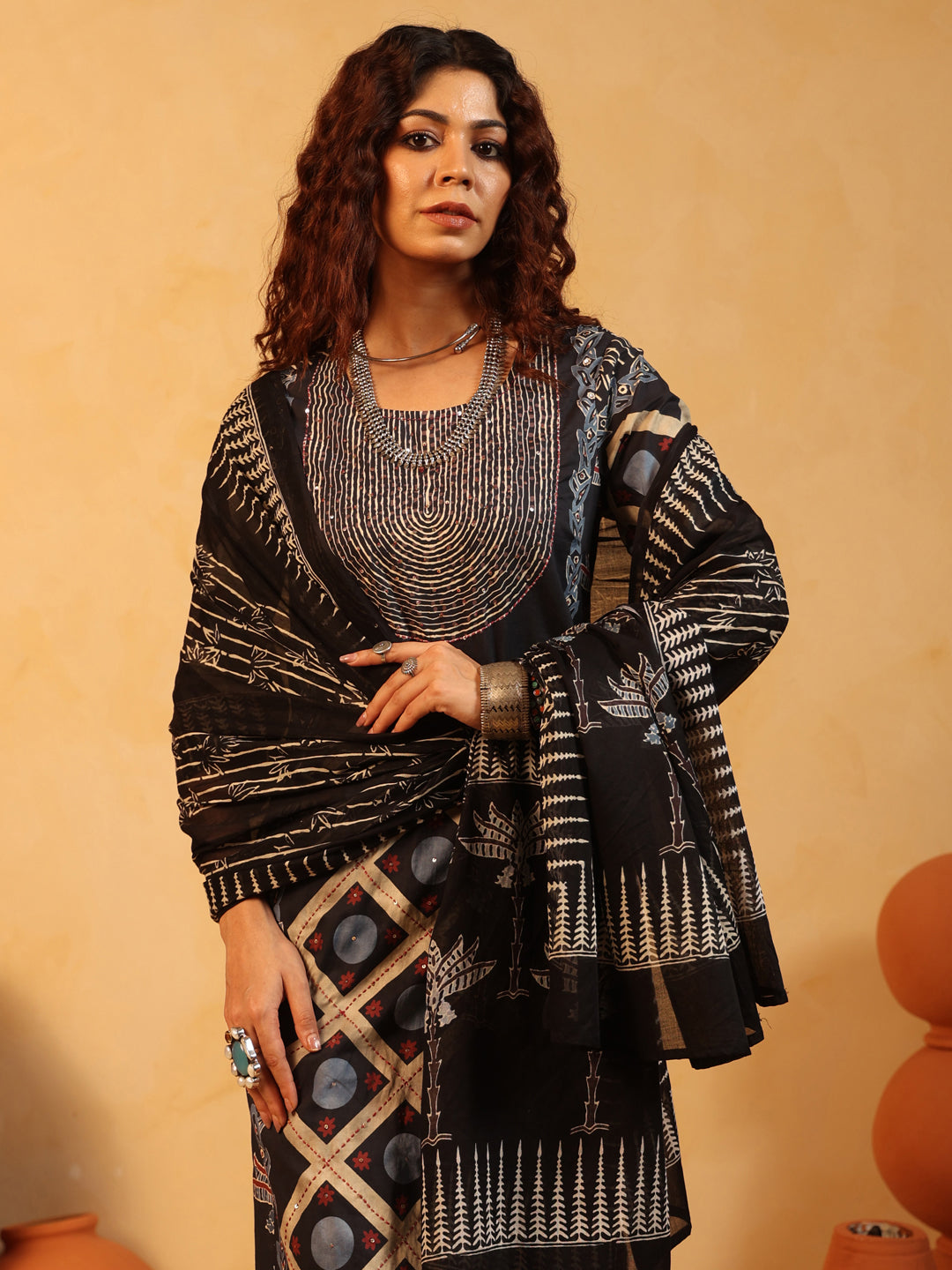 Kaaya | Charcoal Ajrakh Cotton Suit Set