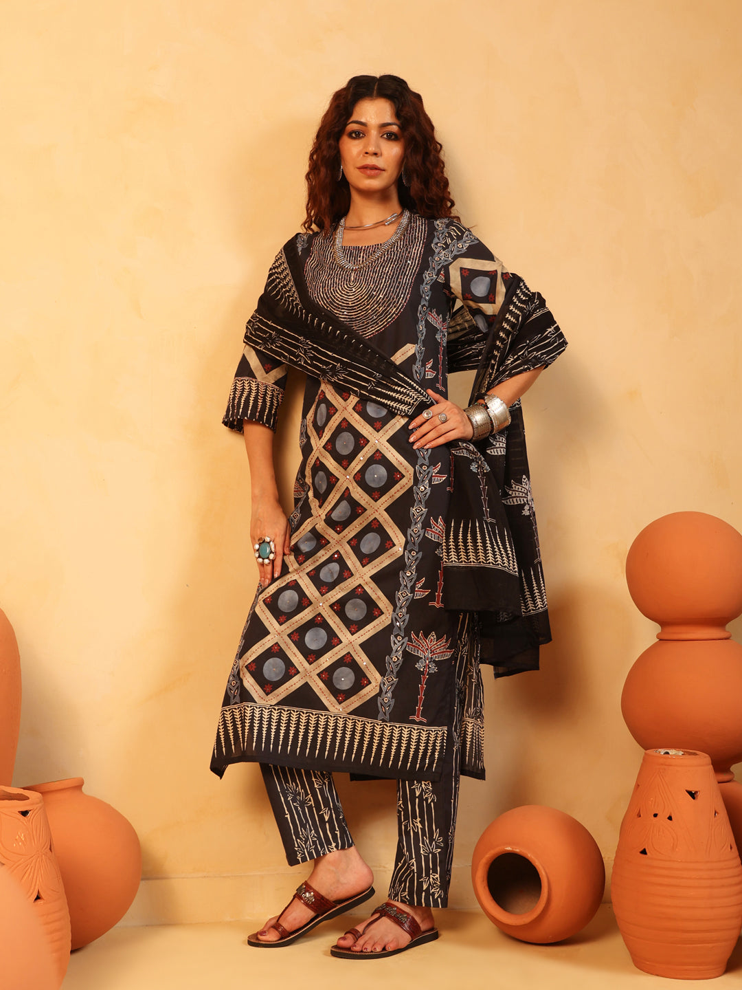 Kaaya | Charcoal Ajrakh Cotton Suit Set