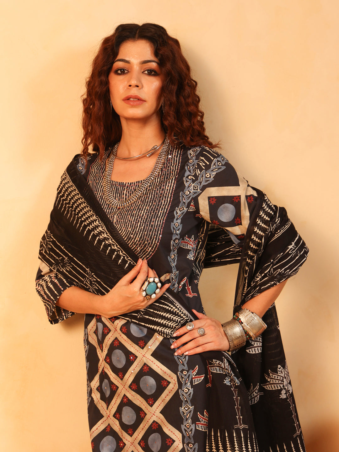 Kaaya | Charcoal Ajrakh Cotton Suit Set