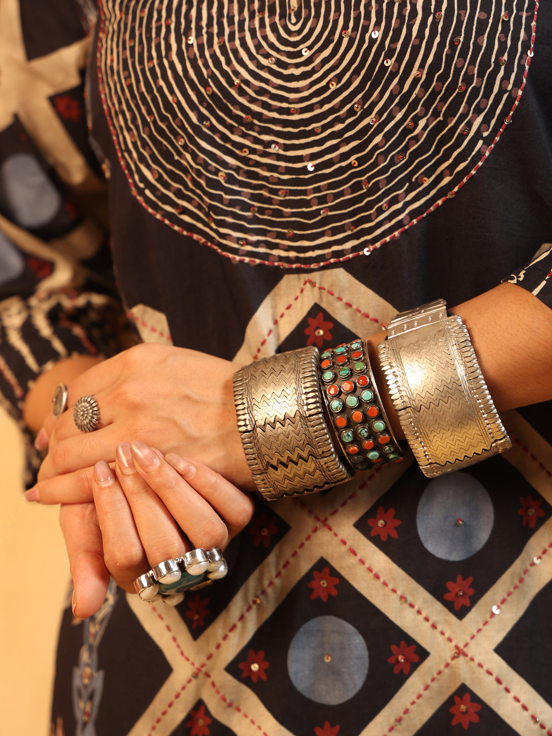 Kaaya | Charcoal Ajrakh Cotton Suit Set