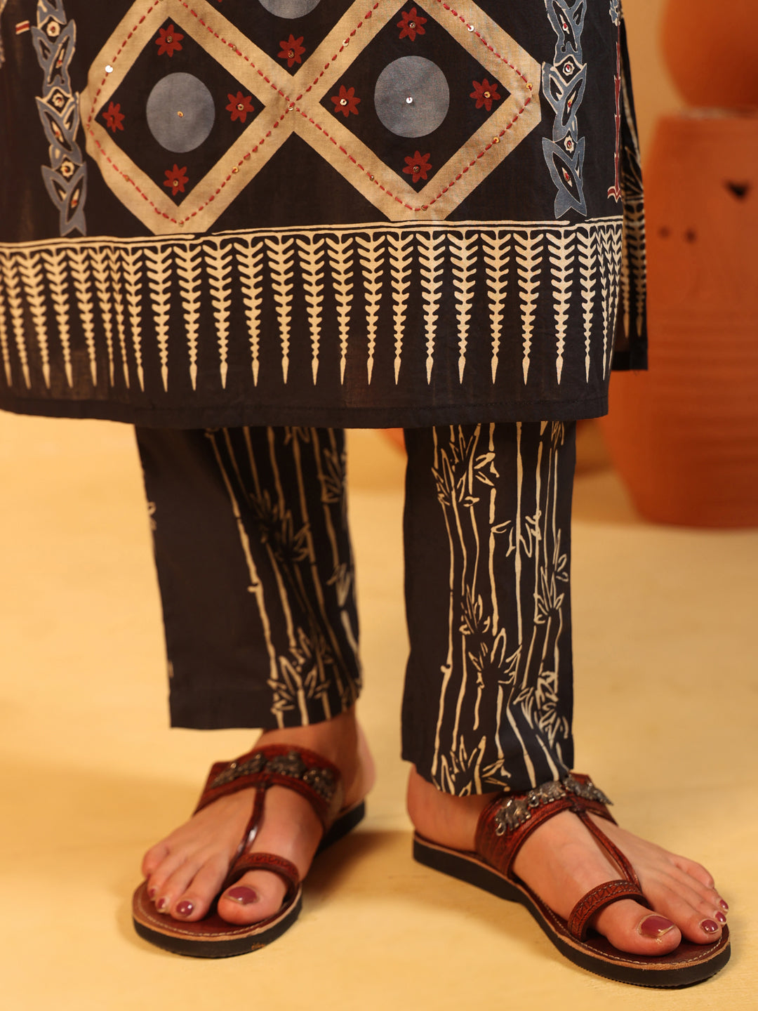 Kaaya | Charcoal Ajrakh Cotton Suit Set