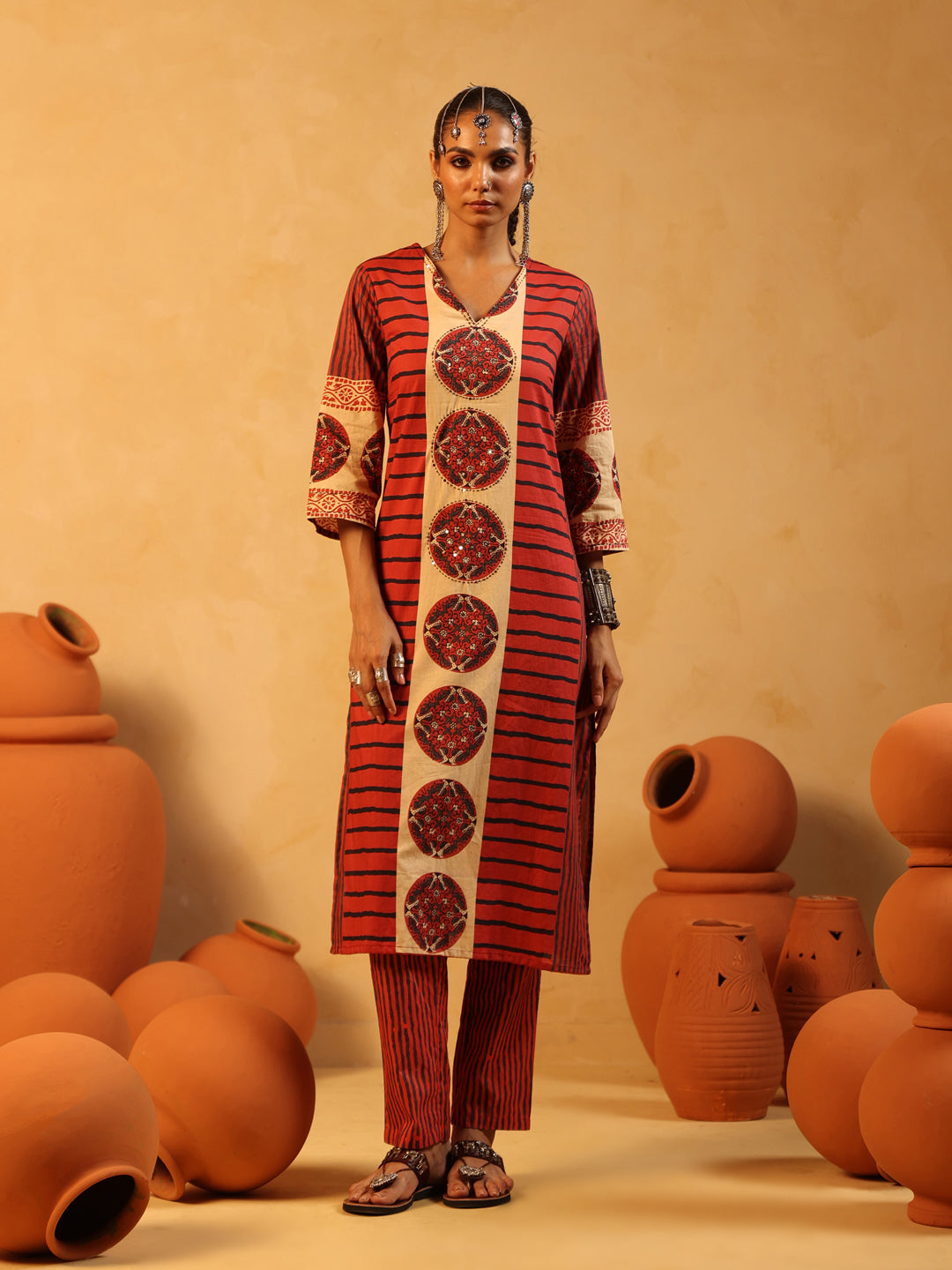 Taru | Red Ajrakh Cotton Suit Set