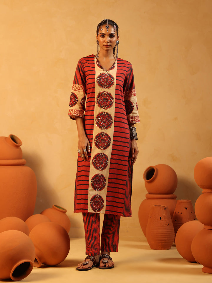 Taru | Red Ajrakh Cotton Suit Set