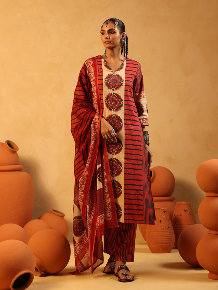 Taru | Red Ajrakh Cotton Suit Set
